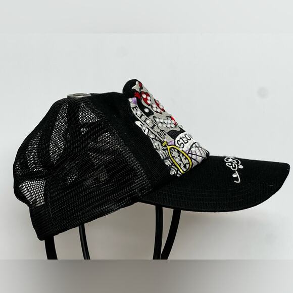 Vintage Ed Hardy Love Kills Slowly Skull Black with Rhinestones Trucker Hat RARE - Picture 2 of 7